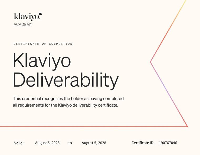 Klaviyo Deliverability certificate