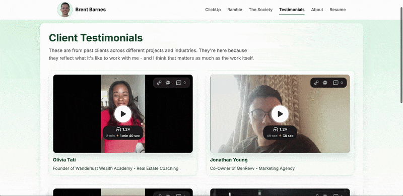 Testimonials page preview animation