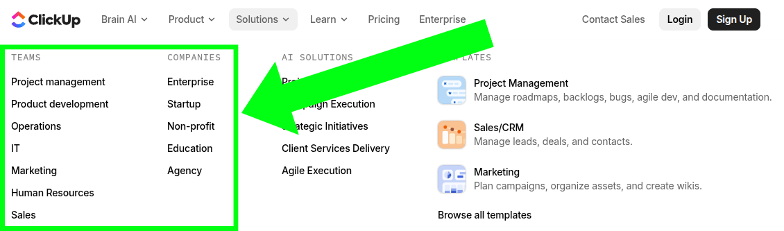 ClickUp audience segmentation in Solutions tab