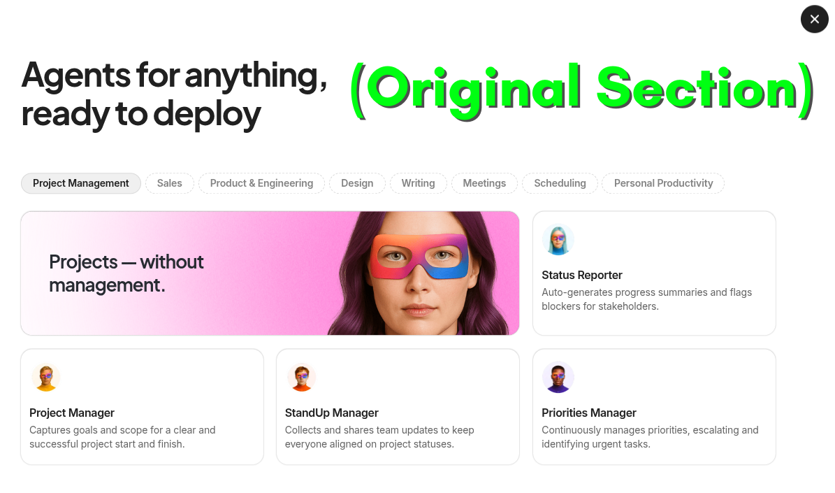 General Super Agents page with broad category groupings