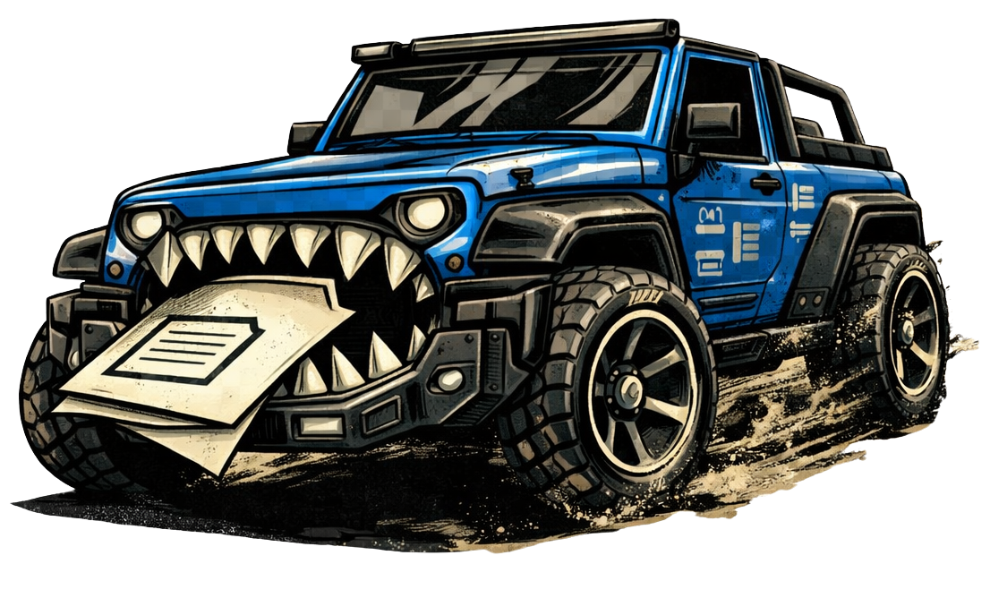 The Converter vehicle: a blue armored jeep with shark-teeth grille eating a document.