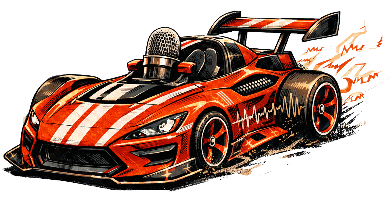 The Dictator vehicle: a red and orange race car with a vintage microphone on top.