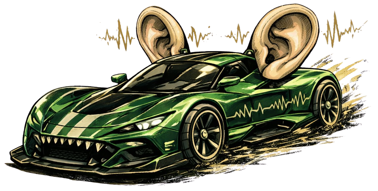 The Eavesdropper vehicle: a green race car with oversized ears and waveform accents.