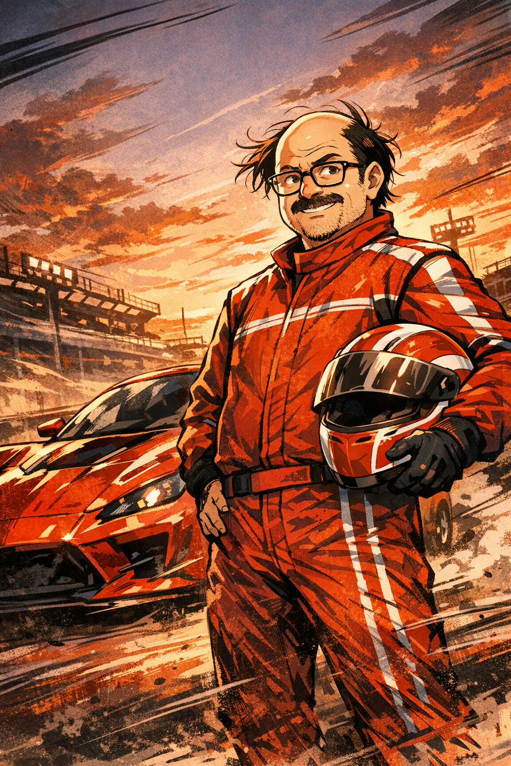 Mack in a red racing suit holding a helmet with a red race car behind him under a sunset sky.