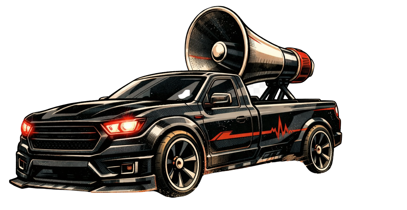 The Narrator vehicle: a black pickup with a large megaphone in the truck bed.