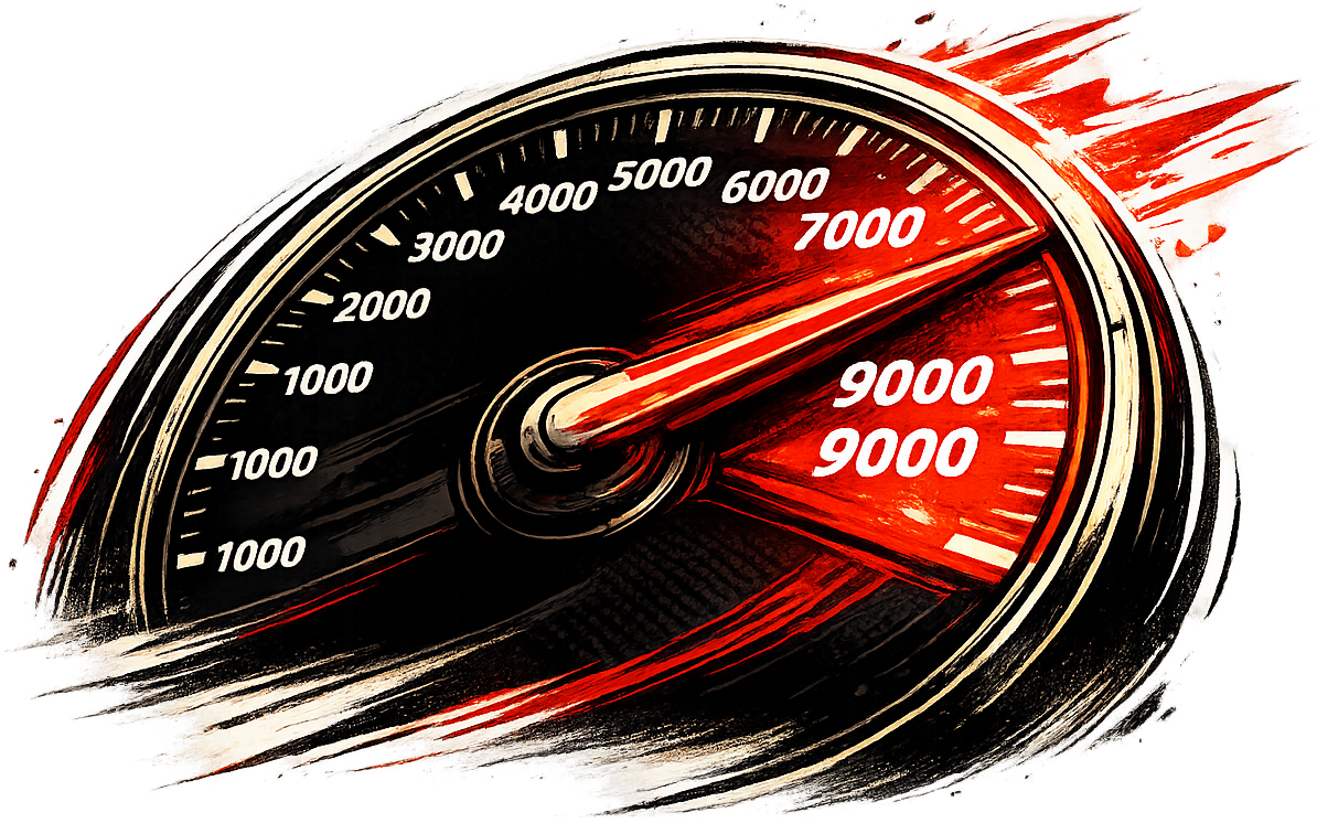 Comic-style racing speedometer showing the needle deep in the red zone.