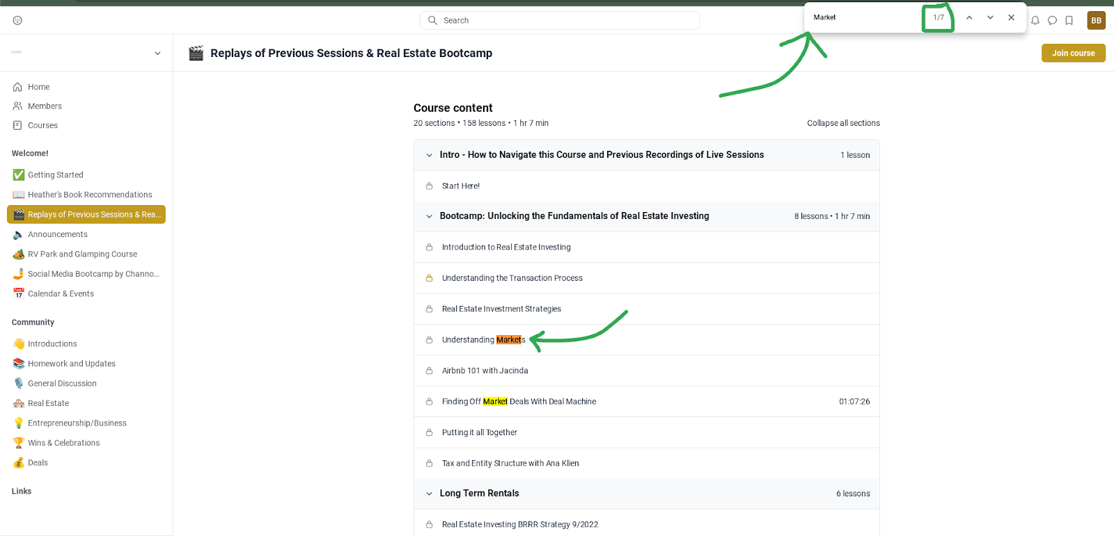 Search box example for finding lessons in replay library